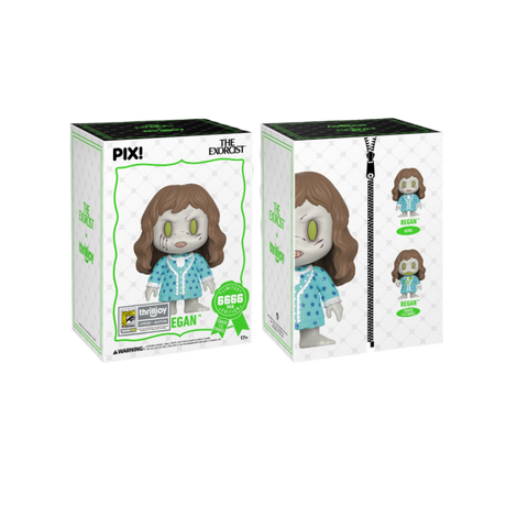 Collectible figure of Regan from The Exorcist, part of ThrillJoy Pix series, displayed as a convention exclusive by Shak's Pop Shop.