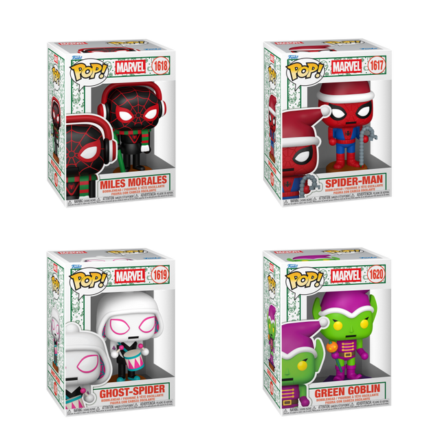 Four Funko Pop! Marvel holiday figures in a bundle, featuring festive Marvel characters from Shak's Pop Shop.