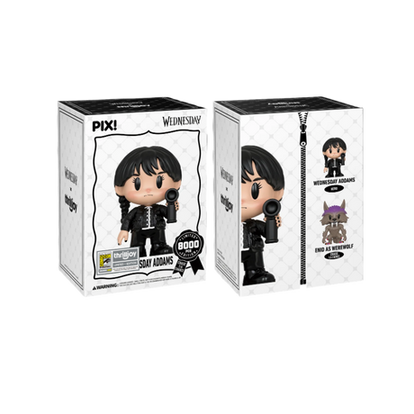 Wednesday Addams collectible figure from ThrillJoy Pix, SDCC 2026 exclusive, featuring detailed design by Shak's Pop Shop.