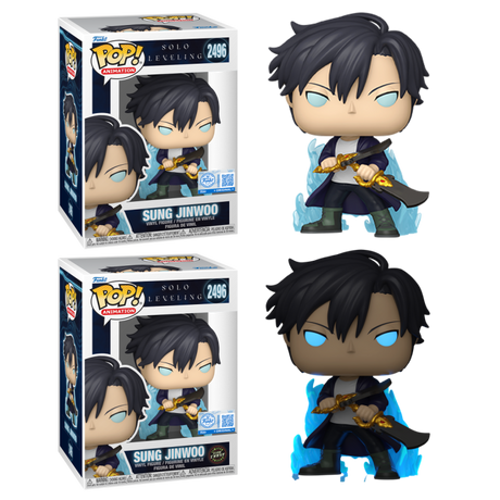 Funko Pop! Animation Sung Jinwoo figure from Solo Leveling with chalice collectible exclusive, detailed vinyl figure on a white background.