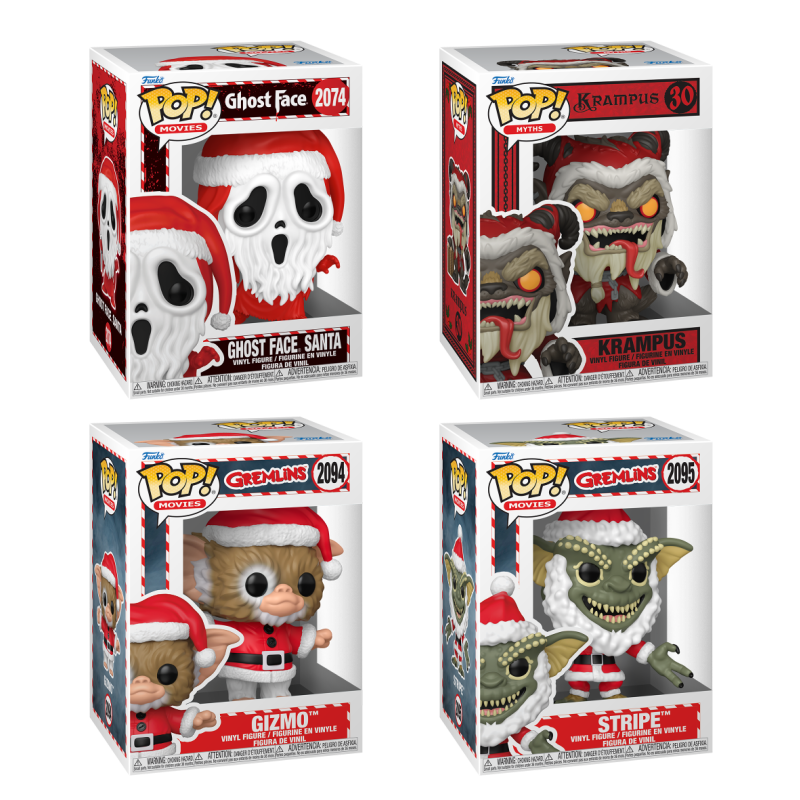 Four Funko Pop! Horror Holiday figures from Shak's Pop Shop, featuring colorful collectible vinyl characters in holiday-themed packaging.