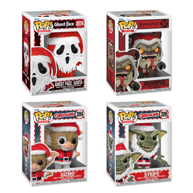 Four Funko Pop! Horror Holiday figures from Shak's Pop Shop, featuring colorful collectible vinyl characters in holiday-themed packaging.