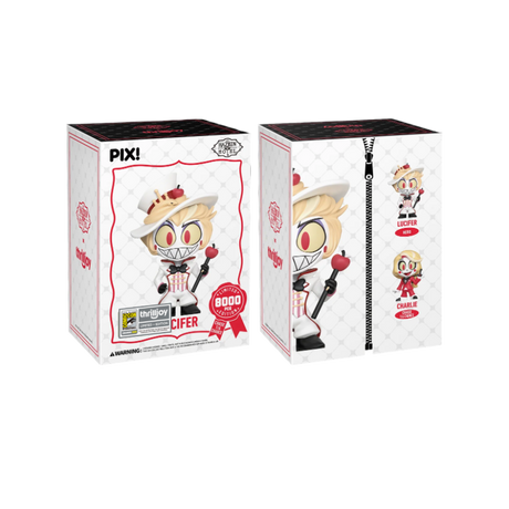 Pix: Hazbin Hotel Lucifer collectible figure from ThrillJoy, featuring detailed design, displayed against a plain background.