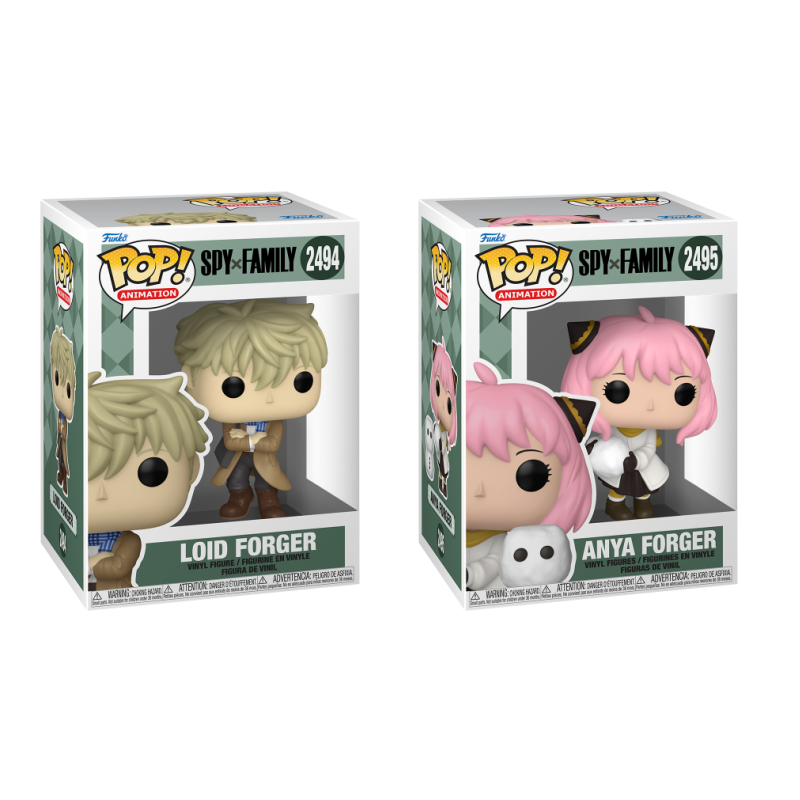 Two Funko Pop! figures from the Spy x Family anime series, featuring characters in colorful, stylized vinyl collectible form.