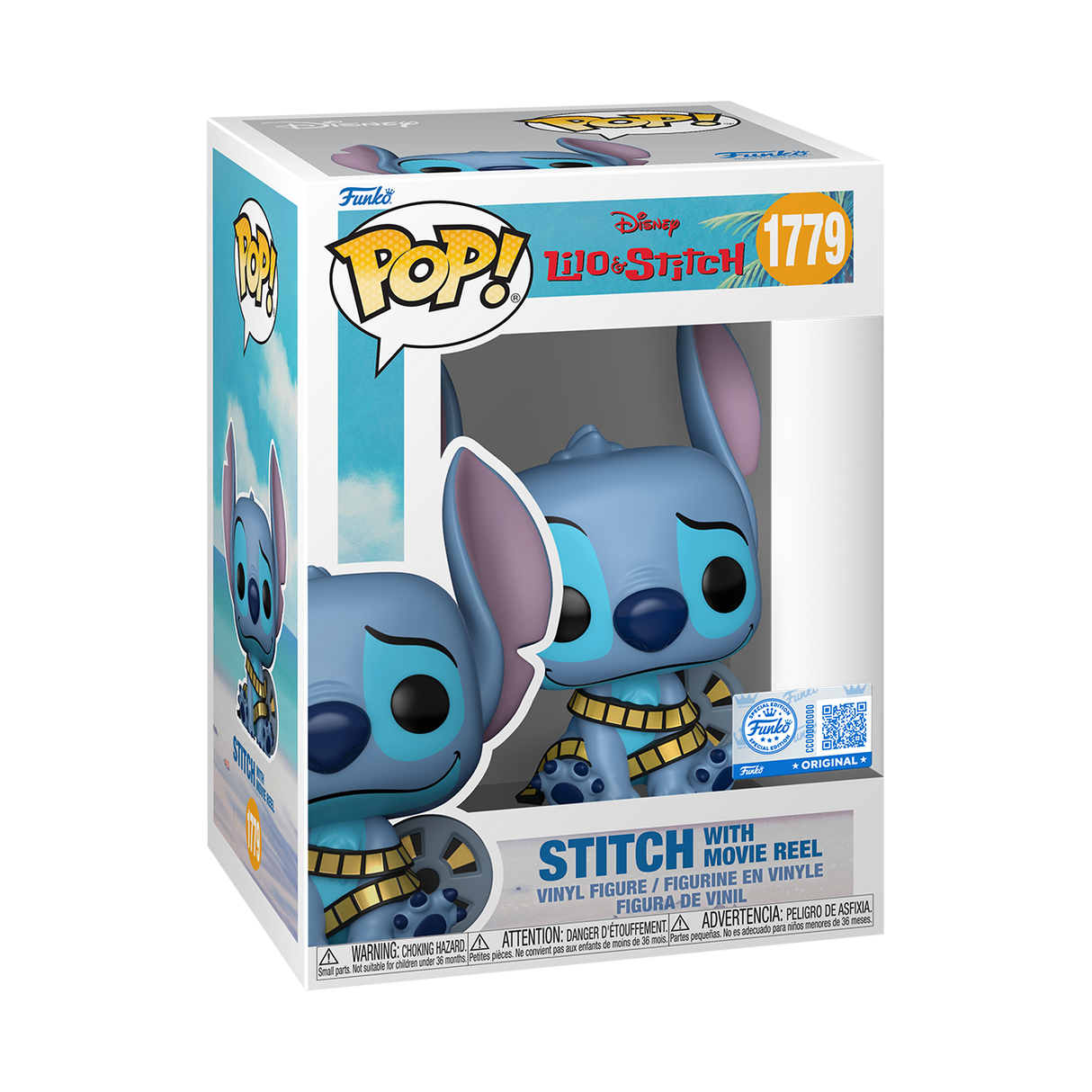 Funko Pop! Disney Stitch with Movie Reel figure from Lilo and Stitch, featuring Stitch holding a movie reel, collectible vinyl toy.