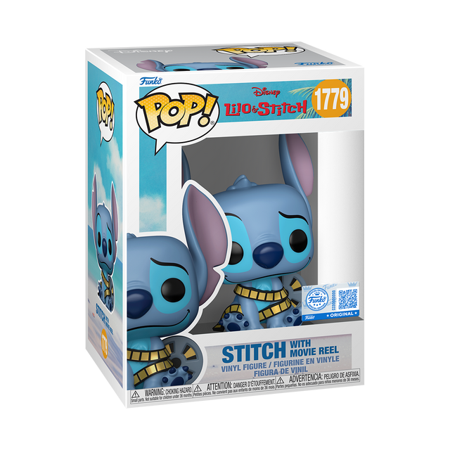 Funko Pop! Disney Stitch with Movie Reel figure from Lilo and Stitch, featuring Stitch holding a movie reel, collectible vinyl toy.