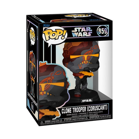 Funko Pop! Star Wars Clone Trooper figure on Coruscant background, detailed collectible toy from Shak's Pop Shop