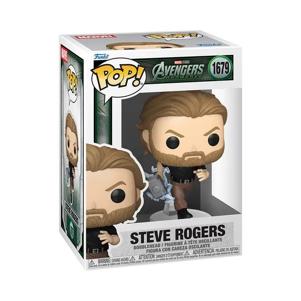 Funko Pop! Marvel Avengers Doomsday Steve Rogers figure with detailed costume and stylized design, collectible toy from Shak's Pop Shop.
