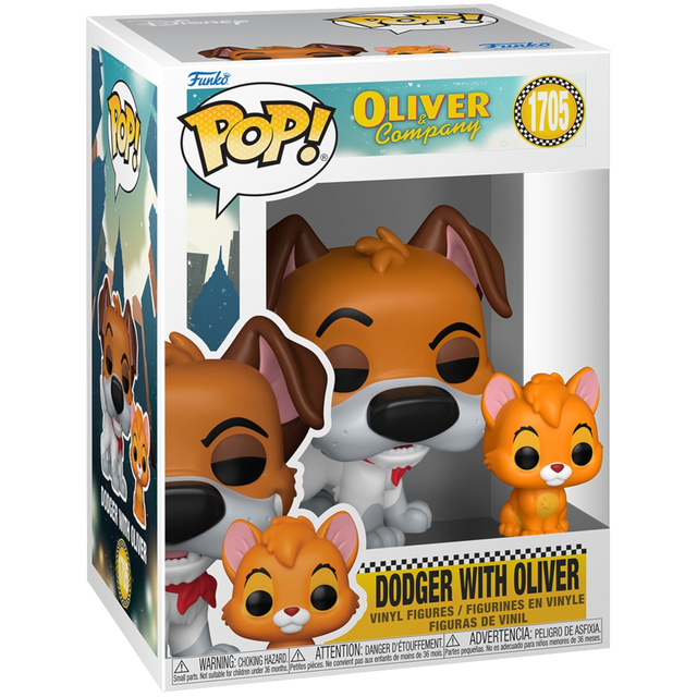Funko Pop! Disney Oliver and Company Dodger with Oliver vinyl figure, featuring detailed character design and vibrant colors.