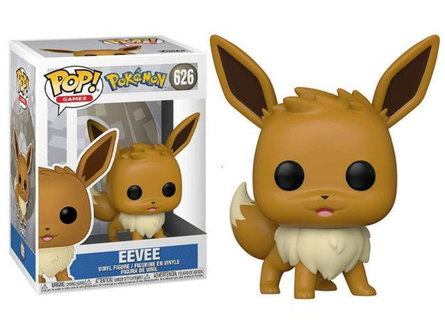 Funko Pop! Pokémon Eevee vinyl figure standing with box imperfection, collectible toy from Shak's Pop Shop.