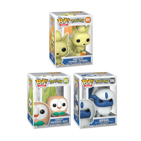 A collage of three Pokémon Funko Pop! figures in their boxes: Ninetales (top), Rowlet (bottom left), and Absol (bottom right).