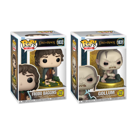 A side-by-side image of two Funko Pop! Plus figures from The Lord of the Rings: Frodo Baggins on the left, standing on a flowery base, and Gollum on the right, crouching on a golden ring. Both are glow-in-the-dark.
