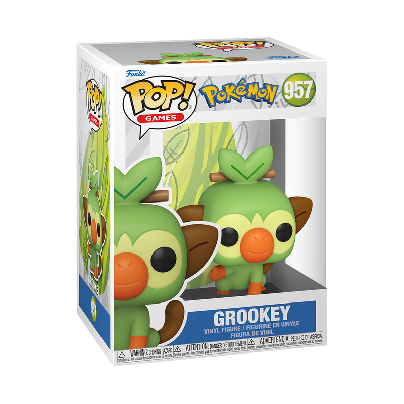 Funko Pop! Games Pokémon Grookey figure with box imperfection, featuring detailed green monkey character with large eyes and expressive features.