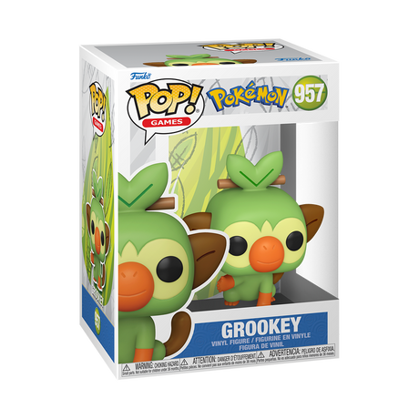 Funko Pop! Games Pokémon Grookey figure with box imperfection, featuring detailed green monkey character with large eyes and expressive features.