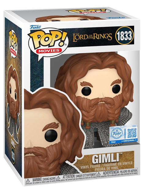 A Funko Pop! Movies figure of Gimli from The Lord of the Rings. The figure depicts Gimli with a long brown beard and chainmail armor. The box shows the character and the number 1833.