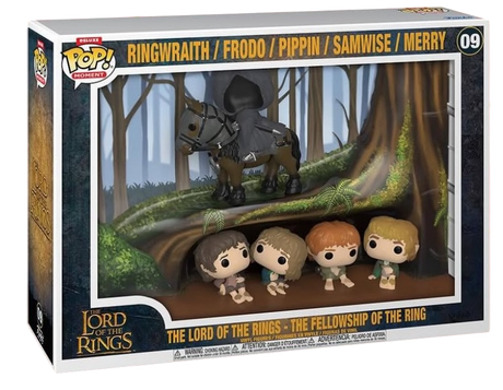 A "Funko Pop! Deluxe Moment" figure set from "The Lord of the Rings: The Fellowship of the Ring." It depicts a Ringwraith on horseback above Frodo, Pippin, Samwise, and Merry hiding in tree roots.