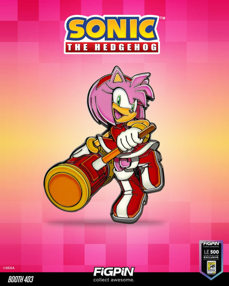 Figpin collectible of Amy from Sonic the Hedgehog, showcased as a 2026 SDCC Convention Exclusive, detailed figure with vibrant colors.