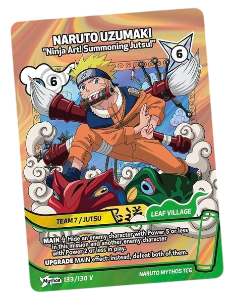 Naruto Mythos TCG Naruto Uzumaki promo card featuring Naruto in vibrant colors, displayed in a Funko Pop! style.