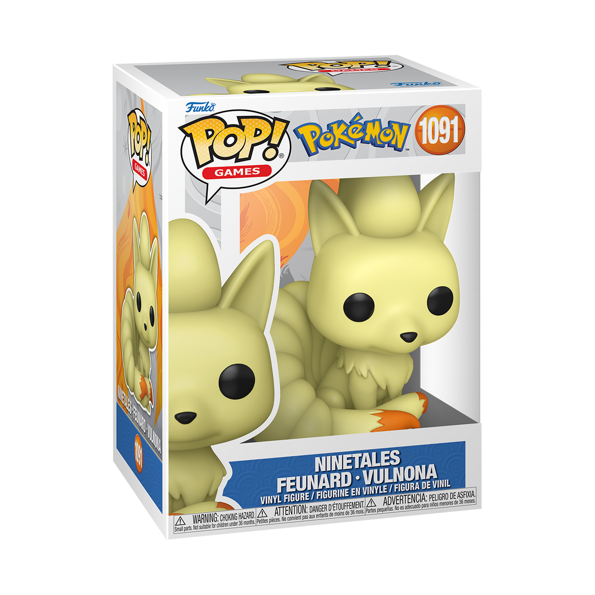 A Funko Pop! Games figure of Pokémon Ninetales, with light yellow fur, black eyes, and nine tails. The box is white and light blue with an orange flame design.