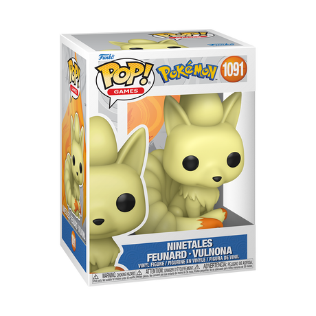 A Funko Pop! Games figure of Pokémon Ninetales, with light yellow fur, black eyes, and nine tails. The box is white and light blue with an orange flame design.