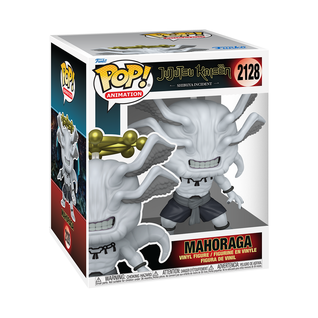 
A Funko Pop! Animation figure of Mahoraga from Jujutsu Kaisen: Shibuya Incident, a large, pale creature with multiple limbs and a wheel-like halo behind its head. The box is white and black.