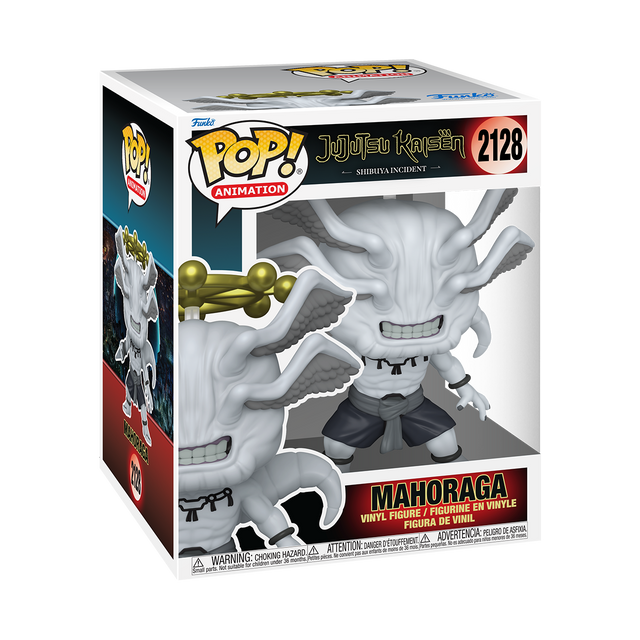 
A Funko Pop! Animation figure of Mahoraga from Jujutsu Kaisen: Shibuya Incident, a large, pale creature with multiple limbs and a wheel-like halo behind its head. The box is white and black.
