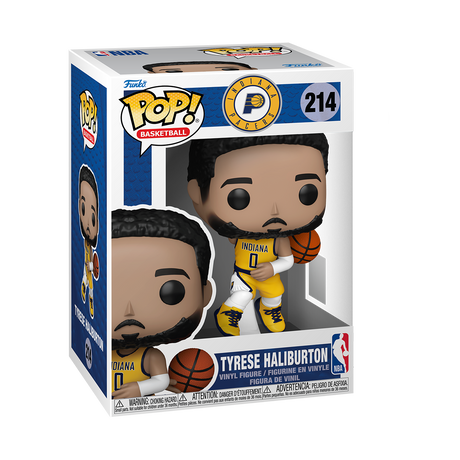 A Funko Pop! NBA Basketball figure of Tyrese Haliburton, with black hair and a beard, wearing a yellow Indiana Pacers uniform with the number 0, holding a basketball. The box is white and blue.