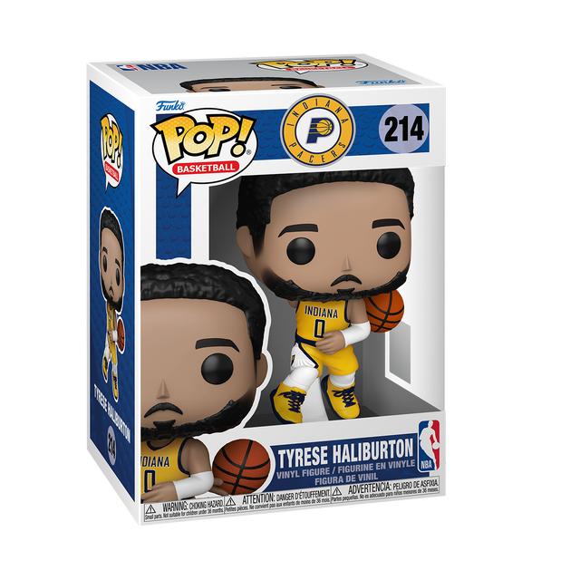 A Funko Pop! NBA Basketball figure of Tyrese Haliburton, with black hair and a beard, wearing a yellow Indiana Pacers uniform with the number 0, holding a basketball. The box is white and blue.