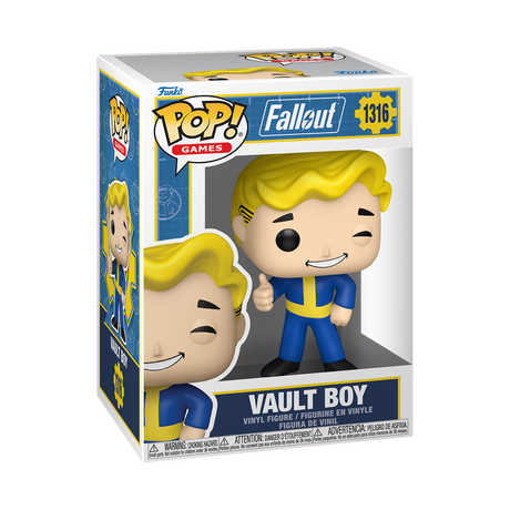 Funko Pop! Games Fallout Vault Boy figure with bright yellow costume and cheerful expression, collectible vinyl toy.