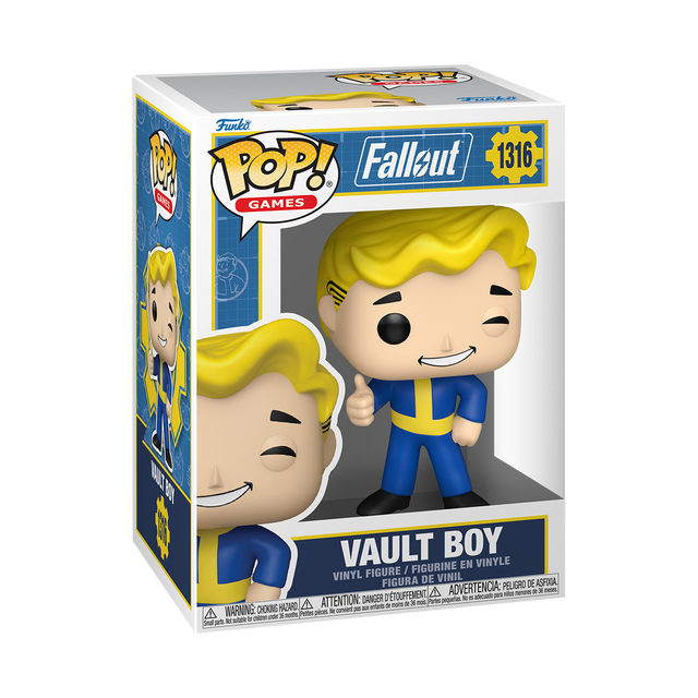 Funko Pop! Games Fallout Vault Boy figure with bright yellow costume and cheerful expression, collectible vinyl toy.