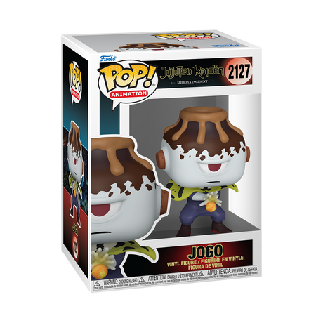 A Funko Pop! Animation figure of Jogo from Jujutsu Kaisen: Shibuya Incident, depicted as a small volcano with a brown lava top, a white base, and a yellow-green collar. The box is white and black.