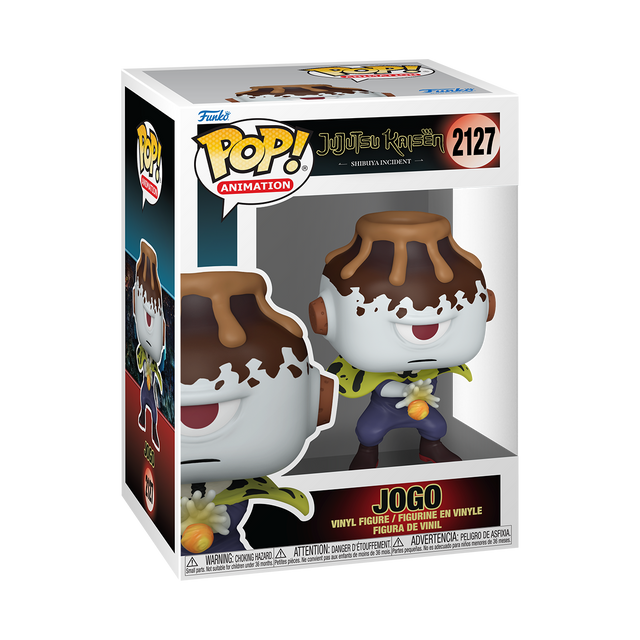 A Funko Pop! Animation figure of Jogo from Jujutsu Kaisen: Shibuya Incident, depicted as a small volcano with a brown lava top, a white base, and a yellow-green collar. The box is white and black.