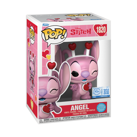 Funko Pop! Disney Stitch and Angel Valentine glitter figures, collectible vinyl figures, exclusive to Funko Shop.