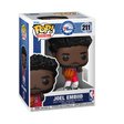 
A Funko Pop! NBA Basketball figure of Joel Embiid, with dark curly hair and a beard, wearing a red Philadelphia 76ers uniform with the number 21, holding a basketball. The box is white and blue.