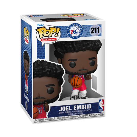 
A Funko Pop! NBA Basketball figure of Joel Embiid, with dark curly hair and a beard, wearing a red Philadelphia 76ers uniform with the number 21, holding a basketball. The box is white and blue.
