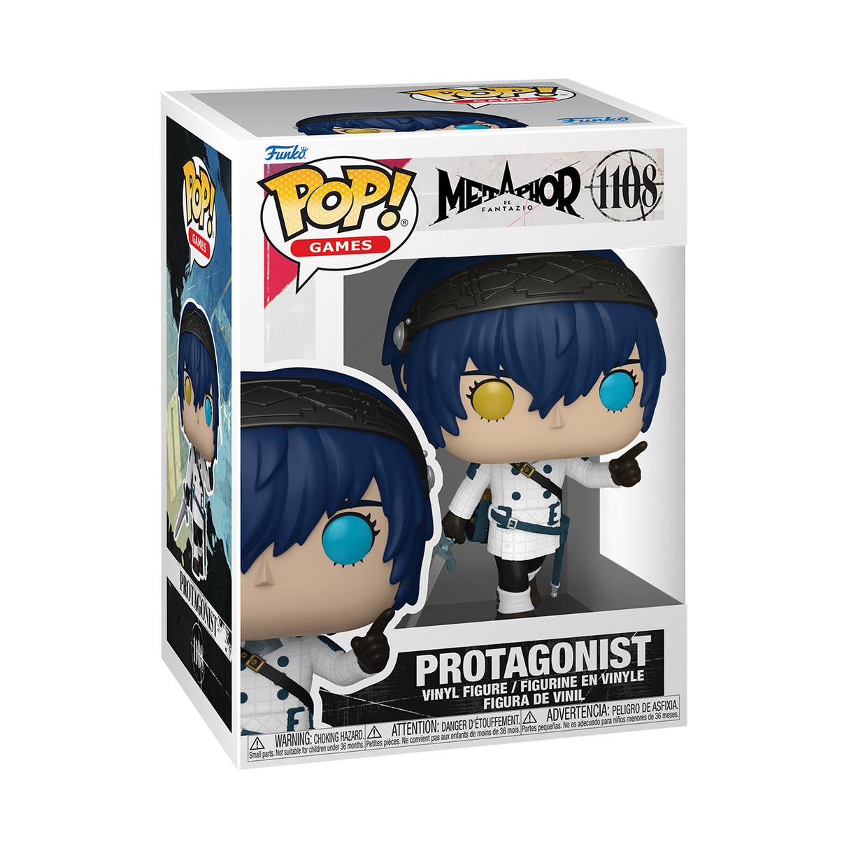 A Funko Pop! Games figure of "Protagonist" from Metaphor, with blue hair, a black headband, one blue eye and one yellow eye, wearing a white and black outfit. The box is white and blue.