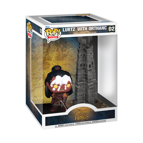 A Funko Pop! Town figure of Lurtz from The Lord of the Rings standing in front of a miniature replica of the Orthanc tower. Lurtz has dark skin, white war paint, and is holding a bow.