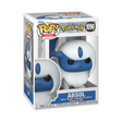 A Funko Pop! Games figure of Pokémon Absol, with blue fur, white head fur and tail, and a blue horn on its head. The box is white and light blue.