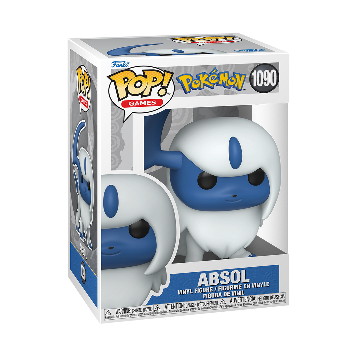 A Funko Pop! Games figure of Pokémon Absol, with blue fur, white head fur and tail, and a blue horn on its head. The box is white and light blue.