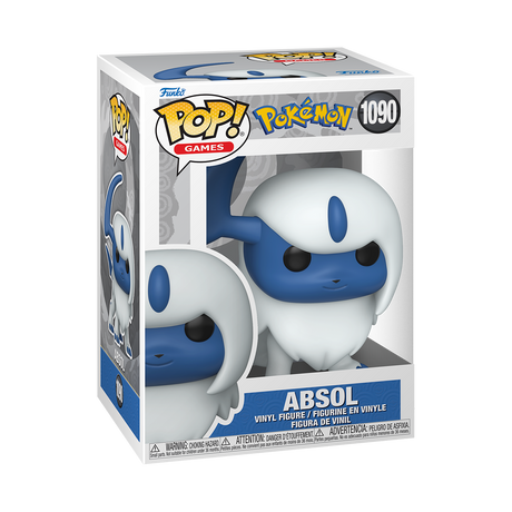 A Funko Pop! Games figure of Pokémon Absol, with blue fur, white head fur and tail, and a blue horn on its head. The box is white and light blue.