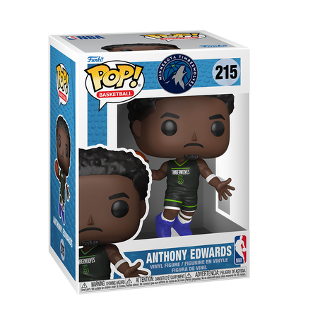 A Funko Pop! NBA Basketball figure of Anthony Edwards, wearing a dark green Timberwolves jersey with the number 5. The box is white and blue.