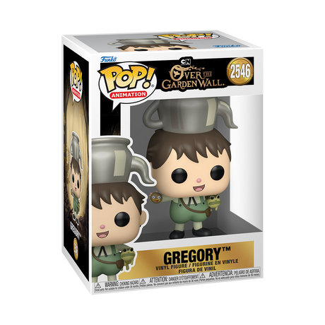 Funko Pop! Animation Gregory figure from Over the Garden Wall, featuring a stylized cartoon character with large eyes and colorful clothing.