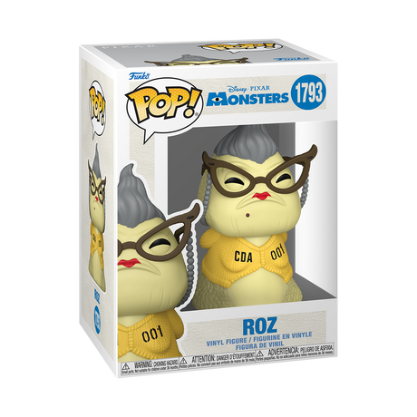 Funko Pop! Disney Monsters Inc Roz figure with large glasses and detailed blue uniform, collectible vinyl toy from Shak's Pop Shop