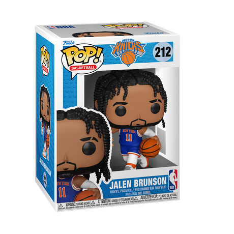A Funko Pop! NBA Basketball figure of Jalen Brunson, with black braided hair and a beard, wearing a blue New York Knicks uniform with the number 11, holding a basketball. The box is white and blue.