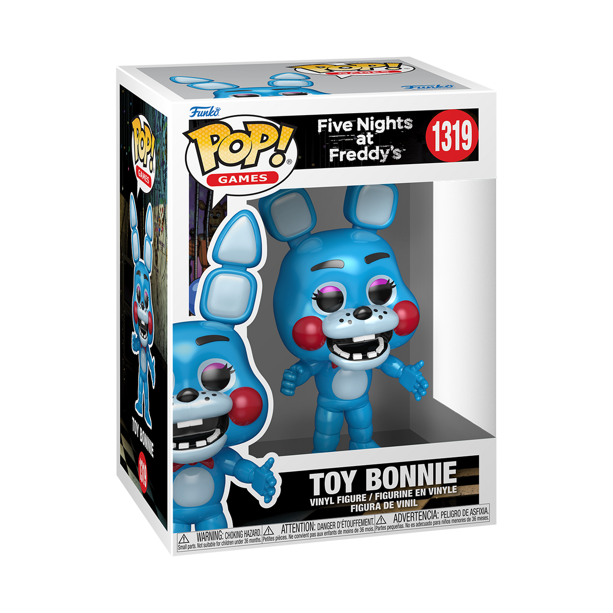 Funko Pop! figure of Toy Bonnie from Five Nights at Freddy's, featuring blue plush toy character with large eyes and distinctive ears.