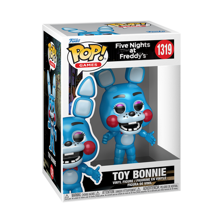 Funko Pop! figure of Toy Bonnie from Five Nights at Freddy's, featuring blue plush toy character with large eyes and distinctive ears.