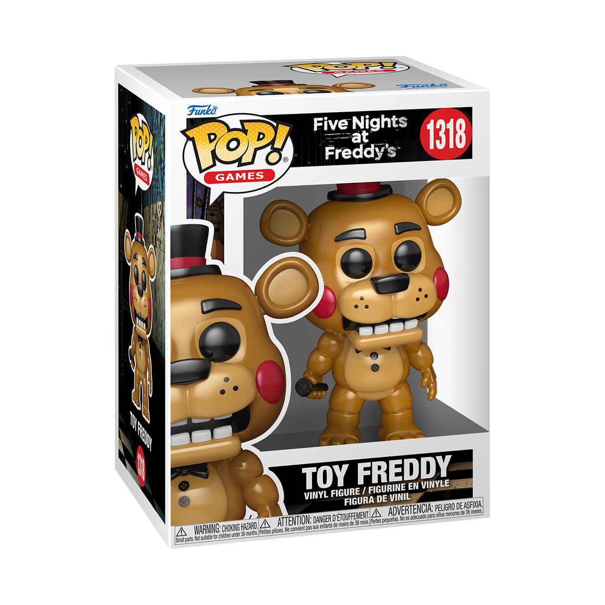 Funko Pop! figure of Toy Freddy from Five Nights at Freddy's, plush toy-like character with red bow tie and top hat.