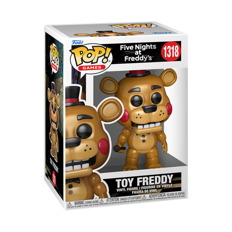 Funko Pop! figure of Toy Freddy from Five Nights at Freddy's, plush toy-like character with red bow tie and top hat.