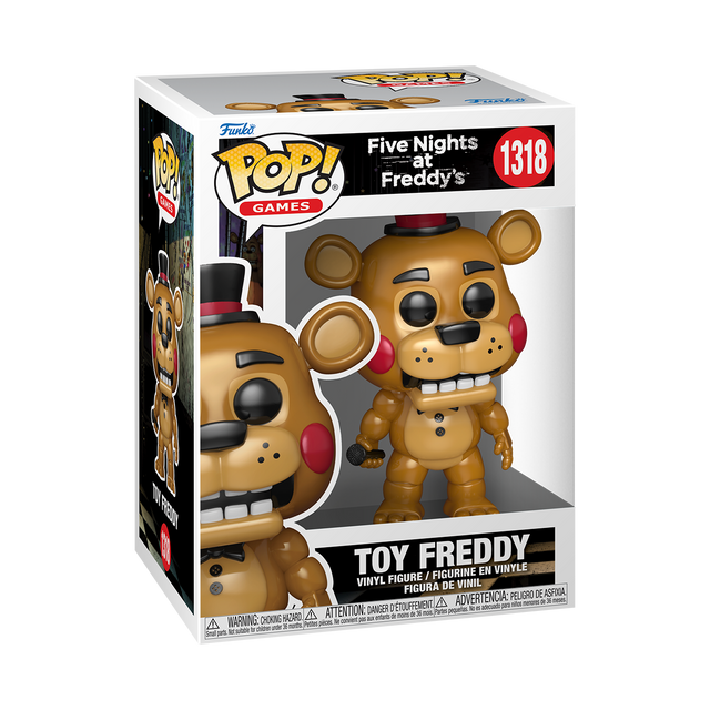 Funko Pop! figure of Toy Freddy from Five Nights at Freddy's, plush toy-like character with red bow tie and top hat.
