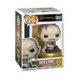 A Funko Pop! Plus figure of Gollum from The Lord of the Rings, with pale skin, a gaunt face, and large eyes. He is crouching on a golden ring and glows in the dark.
